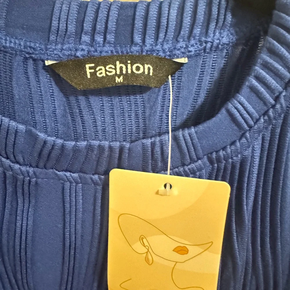 Blue Ribbed Mesh Blouse - Picture 2 of 4